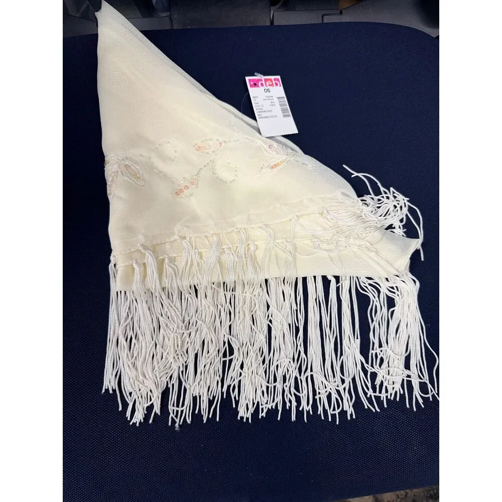 NWT Deb White Embroidered Sequin Fringe Triangle Scarf OS